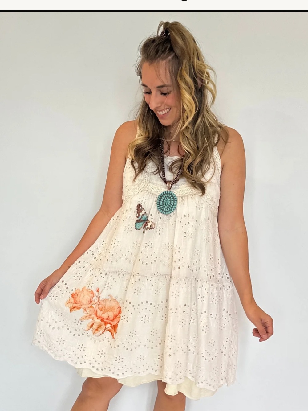 🆕 Paper Lace Boho Eyelet Dress w/ Butterfly & Floral Appliqués L 100% Cotton